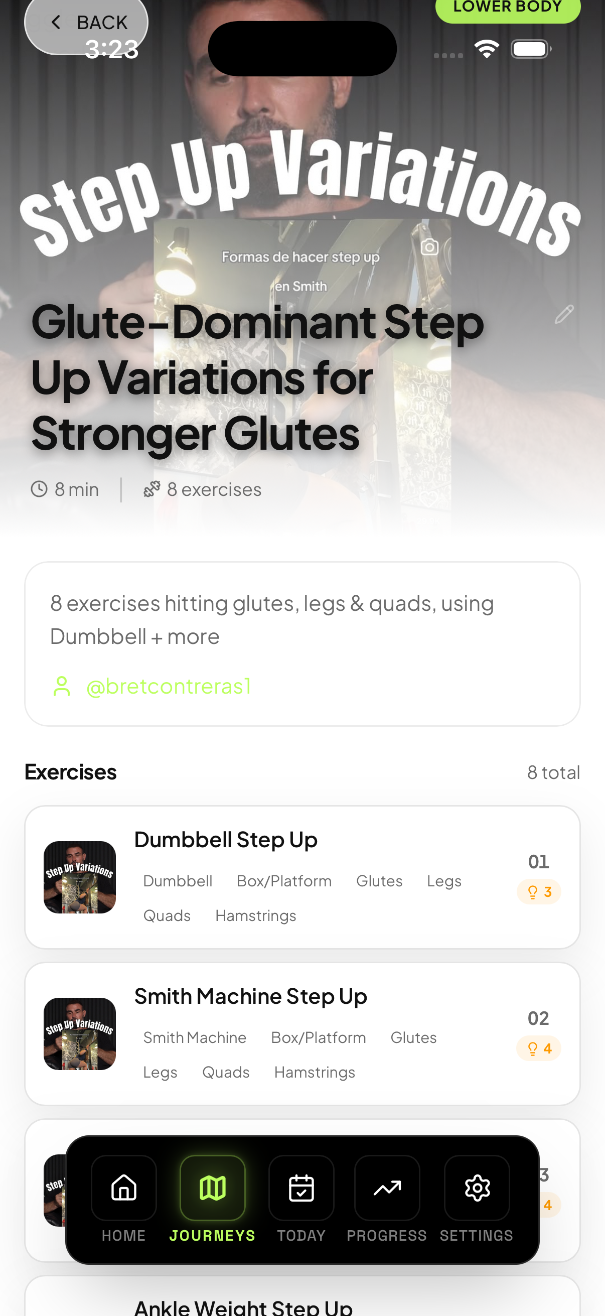 ReelFit journey detail showing exercises with equipment tags and muscle groups